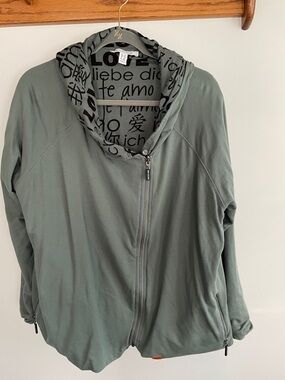 Peace Love World Sage Green Zip Hoodie with Black Script